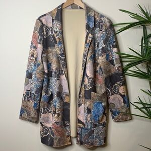 Tempo Paris | Mosaic Floral Print Multi Colored Faux Suede Open Front Jacket M